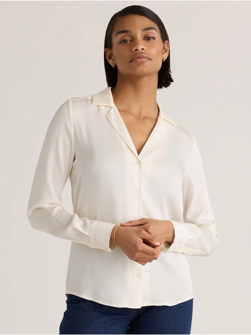 Quince Washable Stretch Silk Notch Collar Blouse Ivory XS Great Condition